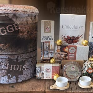 Scandinavisch opbergpoef kerstpakket met Happz design en luxe snacks