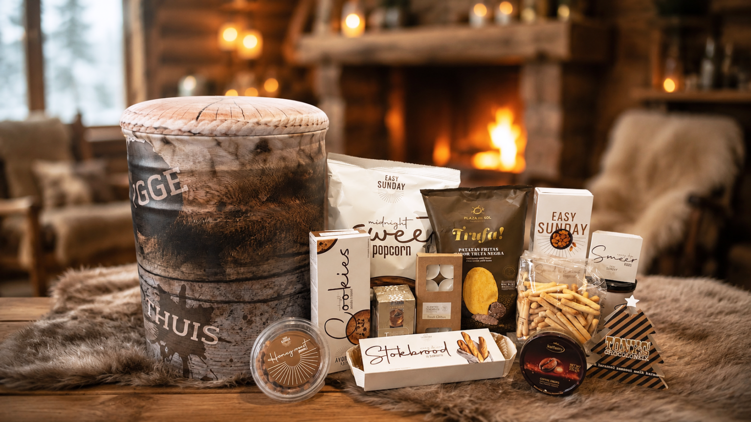 Scandinavisch opbergpoef kerstpakket van HAPPZ met theelichten, Tony’s Chocolonely, truffelchips en winterse lekkernijen.