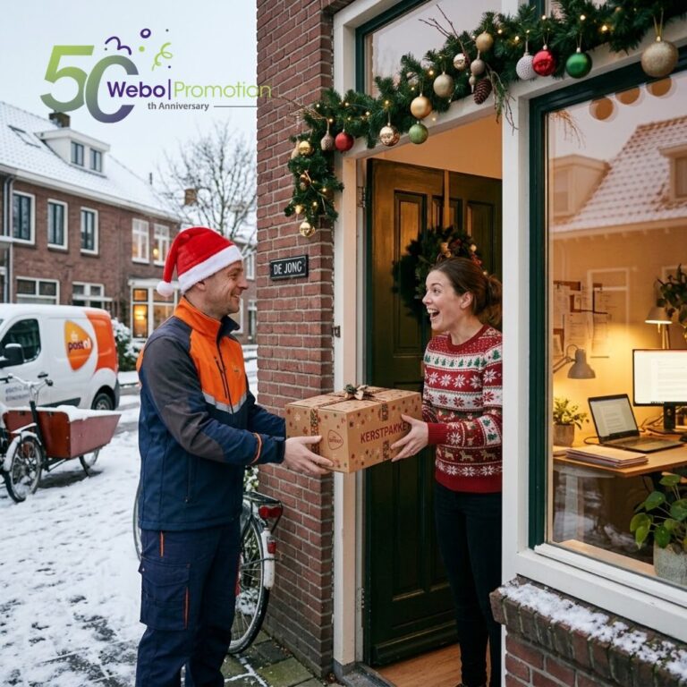 Bezorger overhandigt een kerstpakket van Webo Promotion aan een lachende medewerker aan de voordeur in een besneeuwde straat