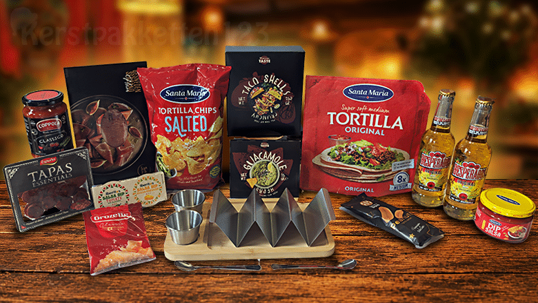 Mexicaans kerstpakket met Streetfood serveer set, taco’s, tapas, salsa, Desperados en heerlijke snacks