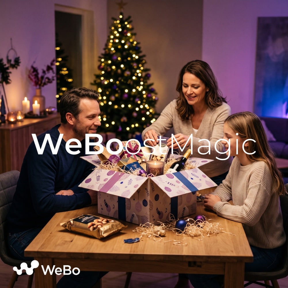 Gezin pakt aan de eettafel een paars kerstpakket van Webo Promotion uit, met een verlichte kerstboom op de achtergrond