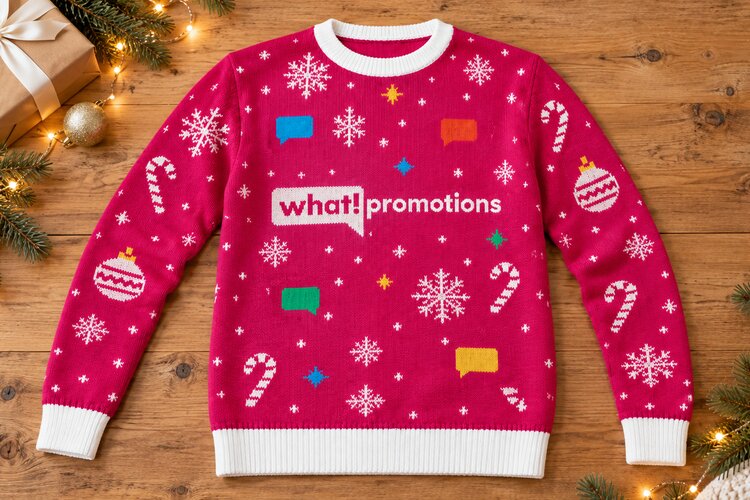 Roze kersttrui met What! Promotions-logo, sneeuwvlokken en kerstballen op een houten tafel met kerstversiering